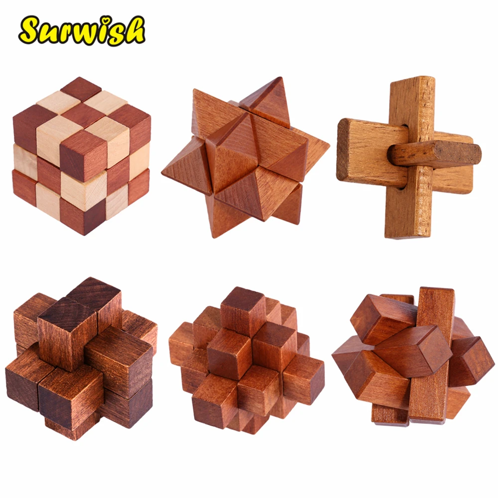 6Pcs/set Kong Ming Luban Lock Chinese Traditional Toy Unique 3D Wooden Puzzles Intellectual Wooden Cube Educational Toys Gifts