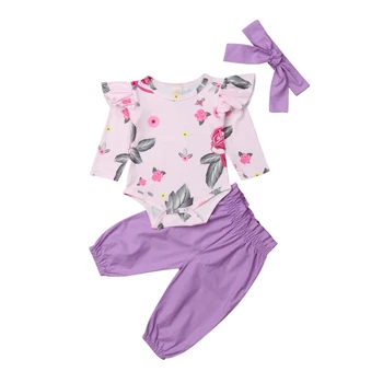 

Sweet Baby Girl Flower Clothes Set Autumn Flower Ruffle Pink Cotton Romper Tops+Solid Purple Pants+Headband Kids Clothes Set0-2T