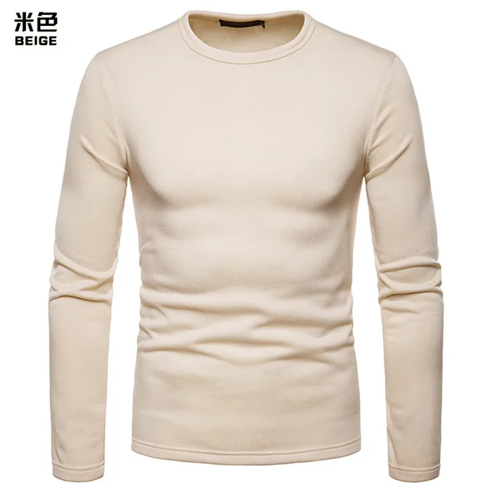 beige Зима плюс бархат теплая футболка для мужчин бренд Slim Fit длинный рукав футболка Homme повседневные топы уличного стиля футболка для мужчин - Цвет: beige