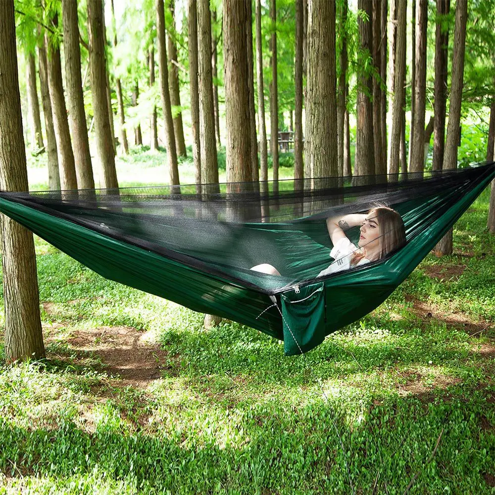 

Newest Hammock Camping + Mosquito net Outdoor Camouflage Netting Hanging Bed Hammocks 290*140 + Wind Rope Nails Max 300KG Black