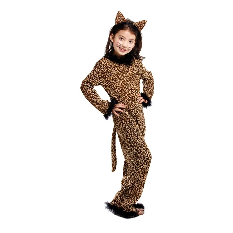 Детский костюм леопардовой расцветки на Хеллоуин для девочек, костюм котенка, женщины-кошки, зимняя детская пижама с животными, маскарадное карнавальное платье