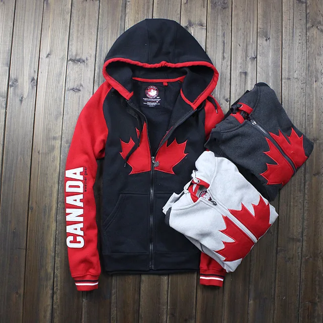 CANADA brand Men Hoodie Maple Pattern Weather Gear Fleece Zipper Jacket