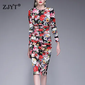 

Europe Fashion Runway Dress Women High Quality Designer Long Sleeve Floral Print Vintage Slim Draped Dress Autumn Women Clothes