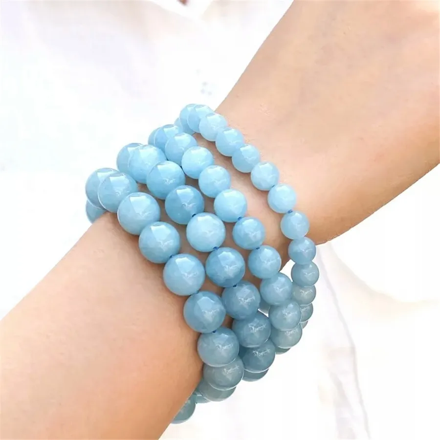 Natural Blue Aquamarine Gemstone 14mm Faceted Oval Beads Stretch Bracelet 7.5 Unisex