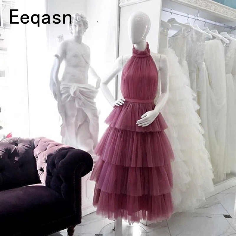 New Tiered Tulle Prom Dresses White Pink Black Saudi Arabic Tea Length Elegant Women Formal Party Gown vestido Gala