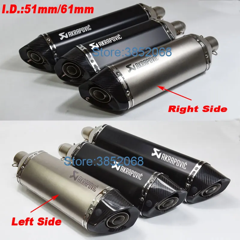 

Left/Right Universal Motorcycle Akrapovic Exhaust ID:51mm/61mm L:570mm/470mm Motorbike Carbon Fiber Tip Exhaust Muffler Escape