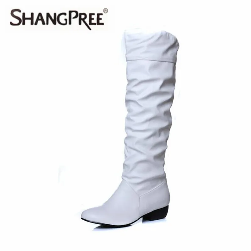 

New Fashion Hot sale arrive Women Boots black white brown Pleated low heel Mid-Calf boots slip on autumn Winter Ladies boots
