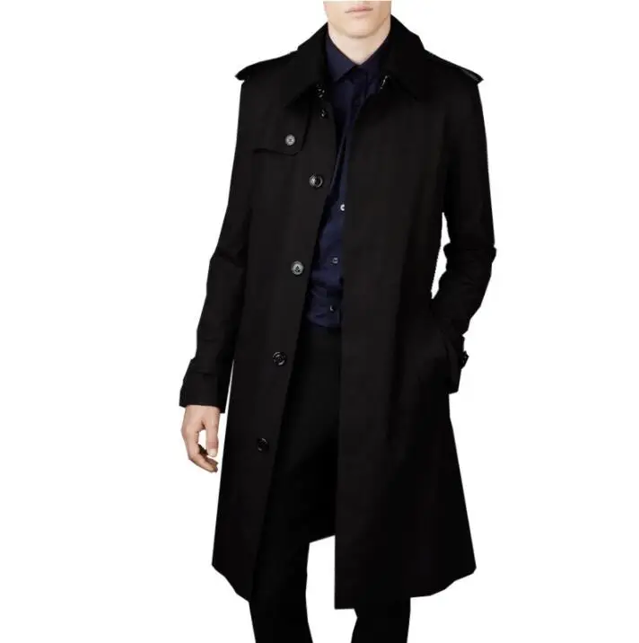 Мужские тренчкоты, мужское однобортное длинное пальто, Мужская одежда, приталенное пальто с длинным рукавом, новинка, дизайнерская Весенняя черная осенняя одежда - Цвет: Черный