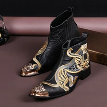 Fashion Animal Embroidery Metal Pointed Toe Ankle Boots Men Genuine Leather Zipper Short Boots Plus Size