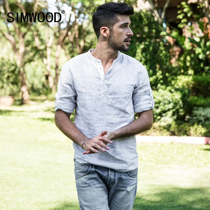 

SIMWOOD 2019 Summer New Arrival 100% Linen Shirts Men Casual Striped Henry Collar Shirt Breathable Cool Mens Clothes 180138