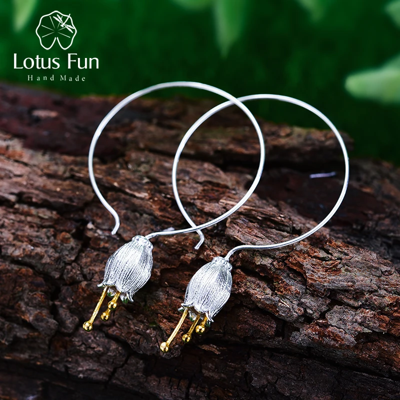 

Lotus Fun Genuine 925 Sterling Silver Earrings for Women Bell Flower Large Hook Drop Earring office earings fashion jewelry 2018