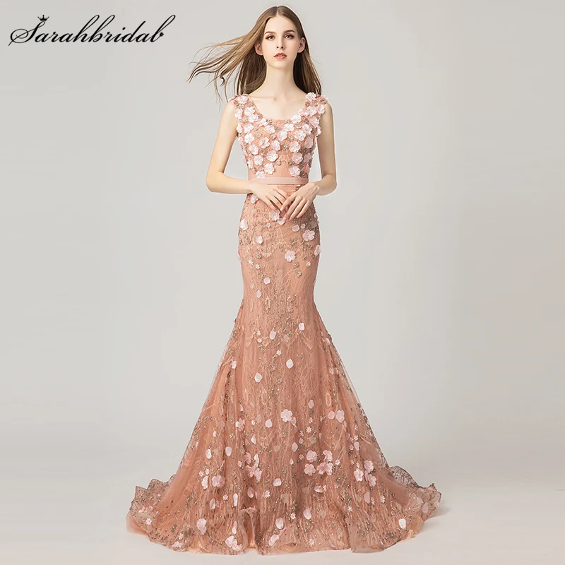 

Formal Evening Dress Long Mermaid Flowers Crystal Beaded Tulle Backless Sleeveless Sweep Train Party Gown Robe De Soiree WT3174
