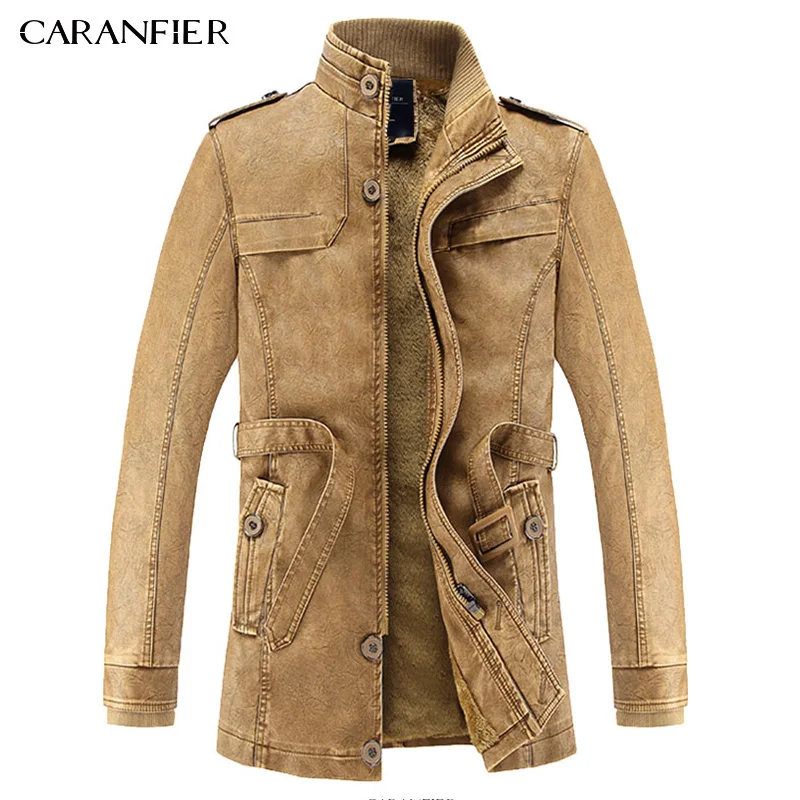 

CARANFIER 2017 New Men Long Leather Jacket British Style Casual Businessmen Male Long Windproof Warm Leather Outwear Parka L~3XL