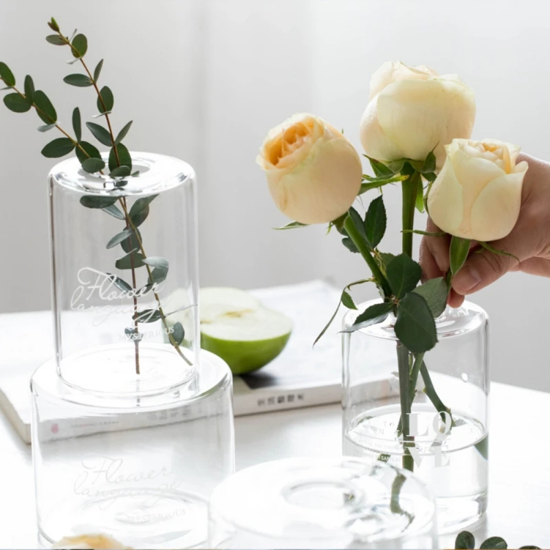 

Letter Printed Clear Glass Flower Vase Decorative Bottle Narrow Opening For Home Wedding Decor