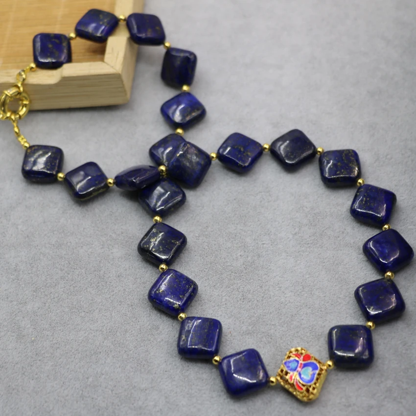 

14mm natural blue lapis lazuli square shape beads chains chokers necklace for women cloisonne unique design jewelry 18inch B3022