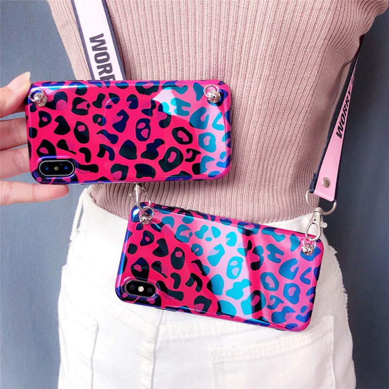 

leopard strap tpu case for iphone X XR XS MAX 7 8 6 6s plus case cover blue ray shoulder lanyard soft silicon phone bag capa fun
