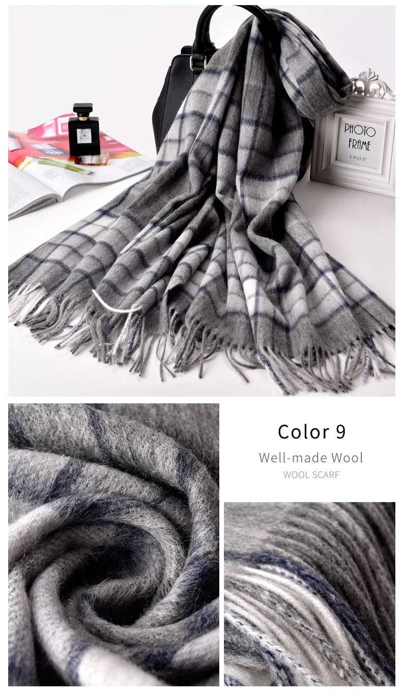 Клетчатый шерстяной шарф для женщин, зимний теплый толстый кашемировый шарф большого размера, шали и палантины для девушек,, роскошный брендовый шарф, длинный шарф-одеяло
