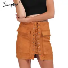 Simplee Apparel Autumn lace up suede leather women skirt 90’s Vintage pocket preppy short skirt Winter high waist casual skirts