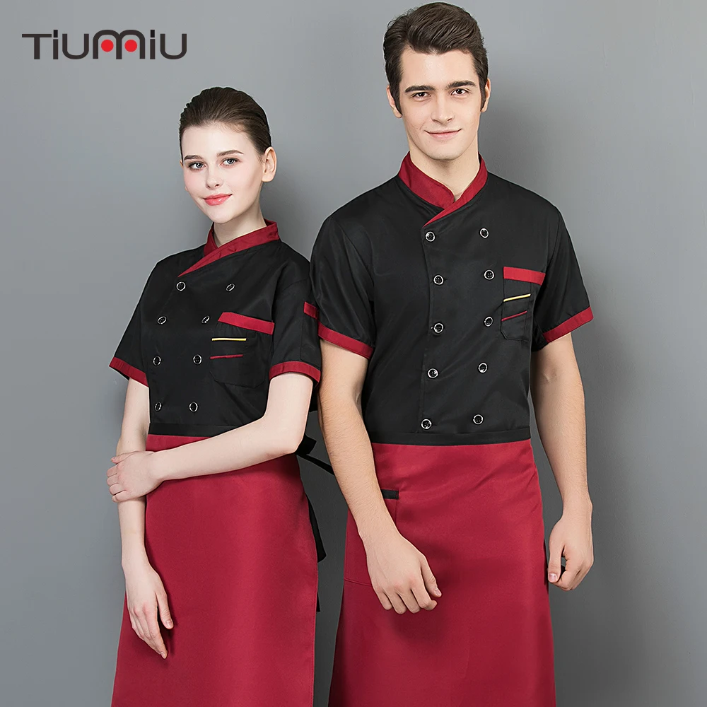 

2019 New Short Sleeves Patchwork Chef Jacket Food Service Cuisine Cook Workwear Shirt Kitchen Cake Shop Work Uniforms Wholesale