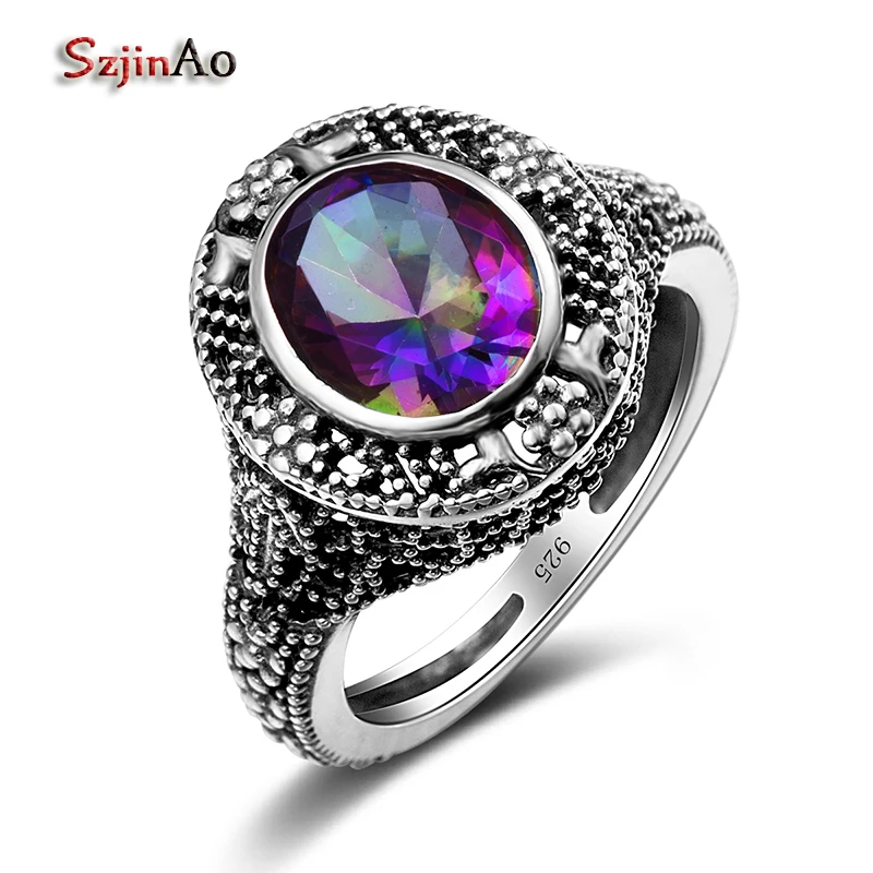 

Szjinao 1Pcs Cute Rainbow Austrian Topaz Flower Pattern Rings For Women Retro Party Adornment 100% 925 Silver Jewelry