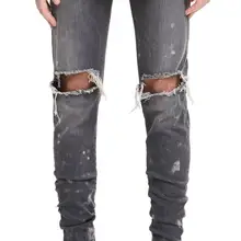 Pantalones vaqueros de mezclilla ajustados Vintage deshilachados pantalones de motociclista rasgados destruir niebla Kanye Hip Hop pintura Skinny pantalones de mezclilla para hombre