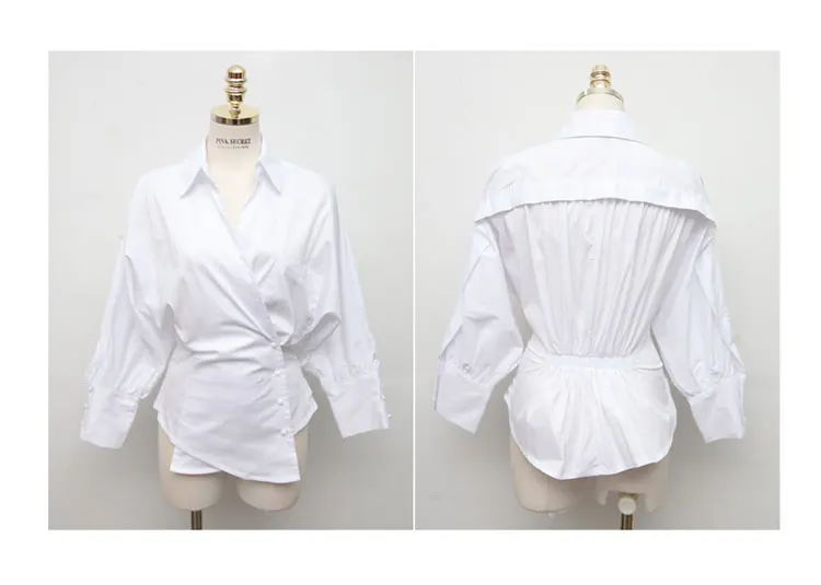  Batwing Puff Sleeve Women Fashion Shirts Buttons V-neck Striped Office Lady Blouse Female Tops Blus