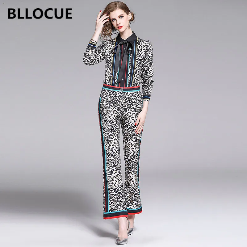 

BLLOCUE Fashion Designer Runway Suit Set 2019 Autumn Leopard Print Striped Bowknot Shirt Top +Flare Pant Suit 2 Piece Set