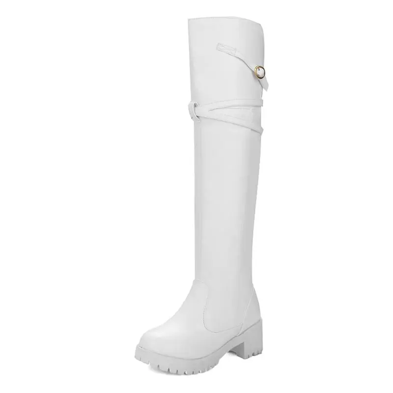 

New 2016 Soft Leather Boots Round Toe Knee High Boots Blue Woman Side Slip On Buckle Boots Plus Size 34-43 Winter Boots XD481