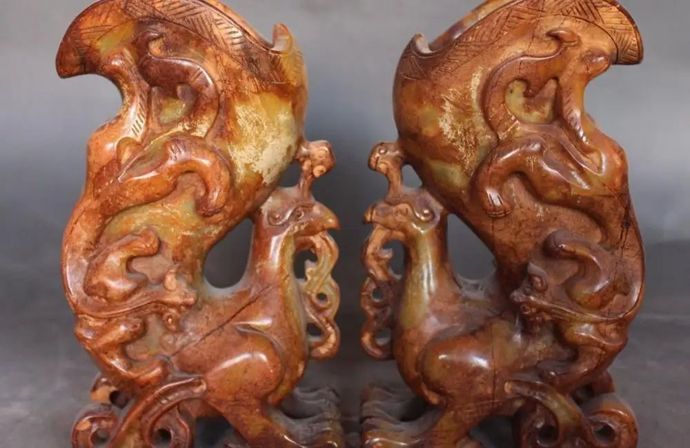 

free shipping 8" Chinese Jade Dragon handle Phoenix Zun incense Burner Censer Bowl Statue Pair