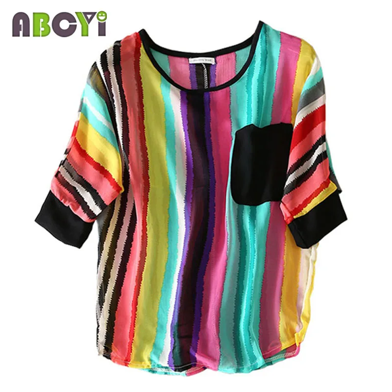 Blusas Femininas 2015 Summer Chiffon Blouse Women Patchwork Half Sleeve Pocket Vertical Striped Batwing Shirt Boho Tops A0039 |
