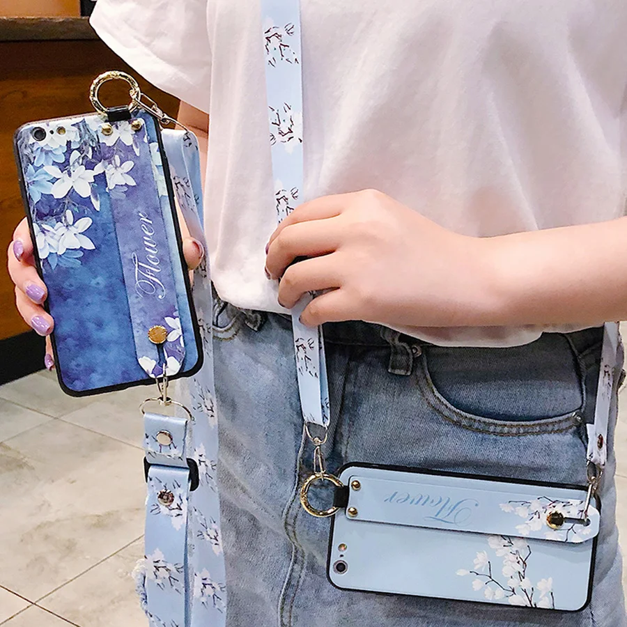 

flower strap tpu case for iphone XS MAX XR X 7 8 6S 6 plus case cover fashion floral wristband holder shoulder lanyard soft phon