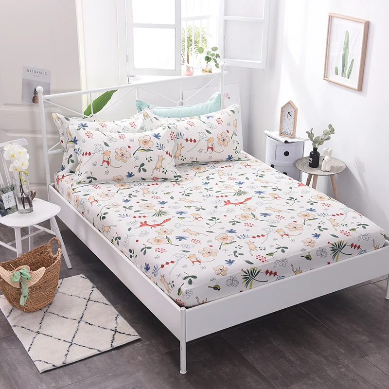 

100% Cotton Fitted Sheet With Elastic Band Bed Sheets Adults Mattress Cover Color Printed Cartoon Pattern 3PCS Pillowcase Soft