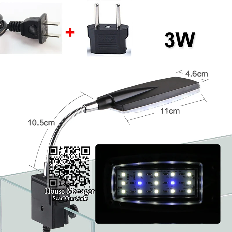 Светодиодный светильник для аквариума, светильник для аквариума, синий+ белый для коралловых рифов, поплавок для рыб, 3 Вт, 4 Вт, 5 Вт, светильник для аквариума - Цвет: 3W EU Plug adapter