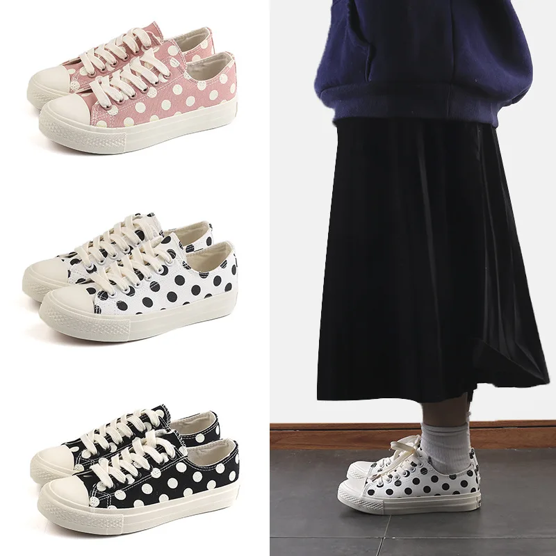 

2019 autumn new stylish simple dot decorative casual flat shoes women comfortable wild canvas shoes