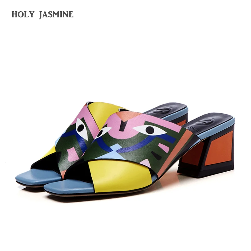 

2019 Summer New Slippers sandals Genuine Leather for women Ladies Women Mixed Colors Square Slipper High heels Fish Mouth Shoes