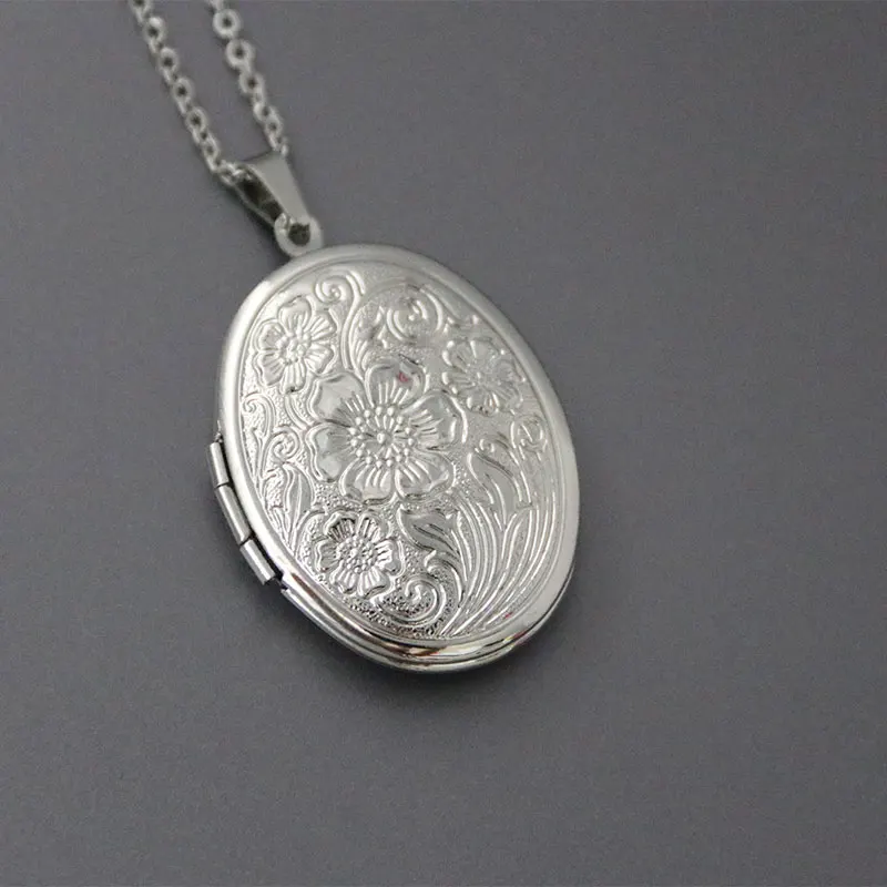 

1pc Cute Oval Lotus Flower Shell Photo Frame Stainless Steel Necklace Floating Locket Charm Necklaces Women Men Memorial Jewelry