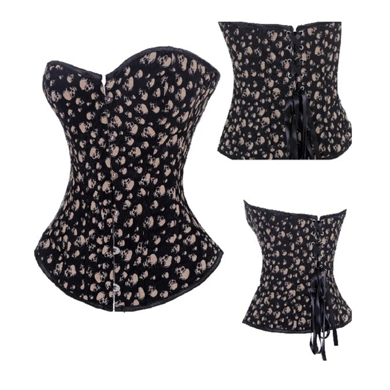 패션 여성의 섹시한 갈색 Overbust 및 underbust 코르셋과 해골 인쇄 XXL 섹시한 해적 의상 댄서 탑underbust corsetcorset