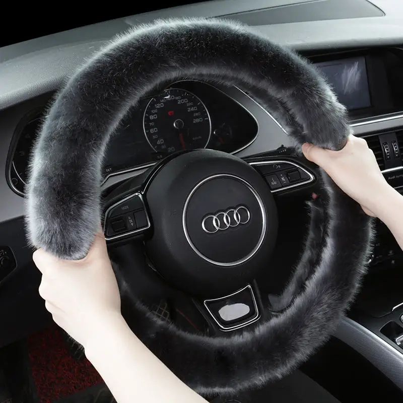 

New High-grade soft long-haired imitation fox fur car steering wheel cover high-density warm plush steering wheel cover 38 cm