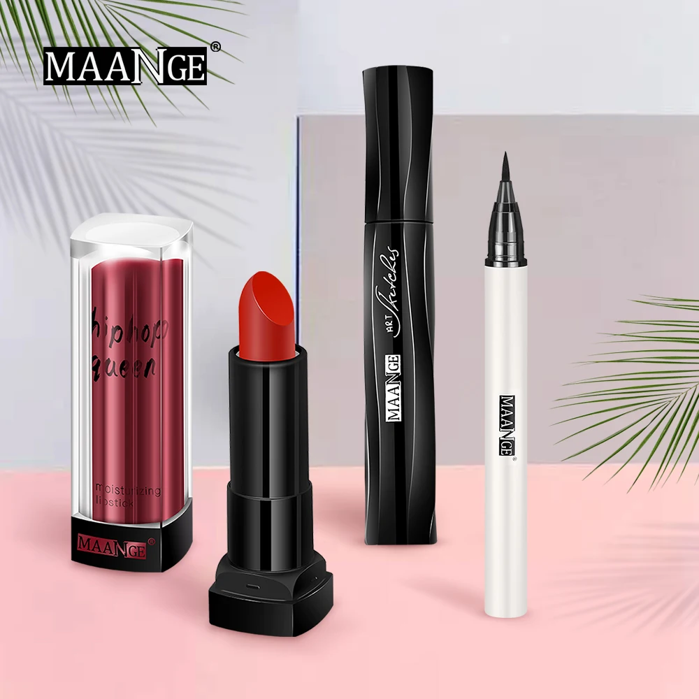 

MAANGE Makup Tool Kit 3 PCS Make Up Cosmetics Moisturizing Lipstick Long-lasting Waterproof Eyeliner Mascara Makeup Set for Gift