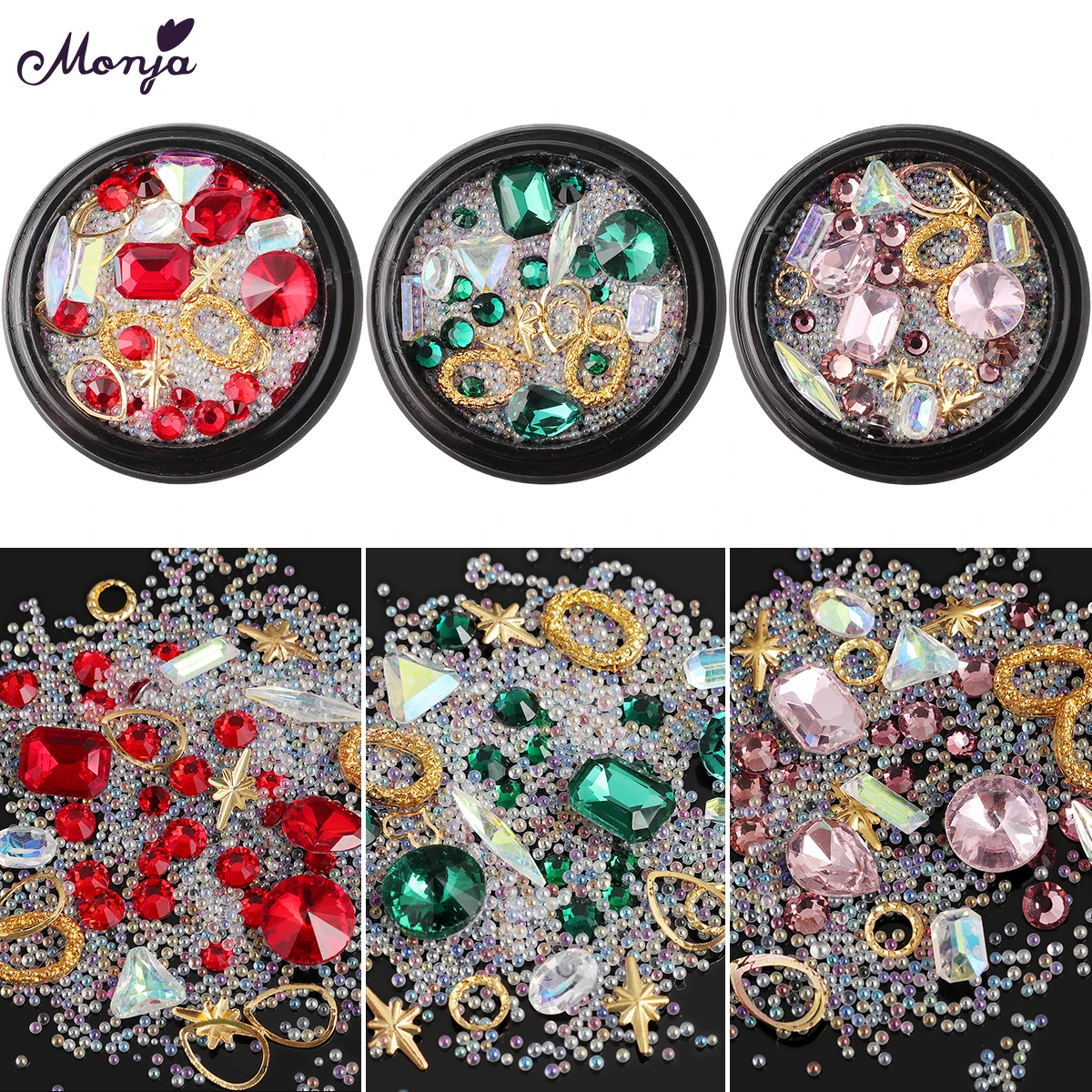 Monja Nail Art Mixed Hollow Metal stud Glitter Rhinestones Tiny Glass