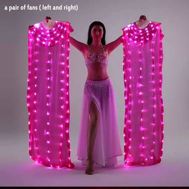 Шелковый веер для танца живота, светодиодный светильник для фанатов, блестящий плиссированный карнавальный светодиодный светильник для фанатов, реквизит для сцены, аксессуары для костюма - Цвет: fuchsia-2pcs