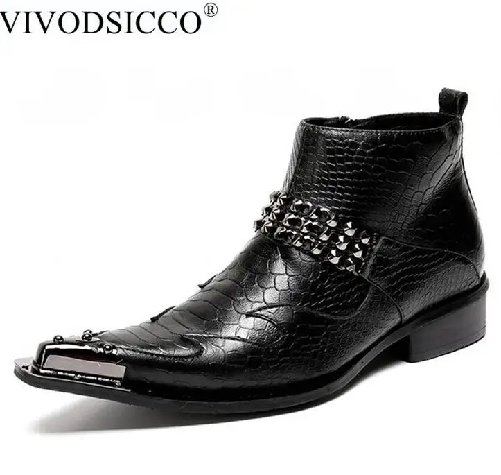 VIVODSICCO/Новинка; мужские ботинки из натуральной кожи; Цвет Черный; змеиная кожа; Роскошные ковбойские ботинки «Челси»; Мужские ботинки в байкерском стиле; модельные туфли - Цвет: Черный