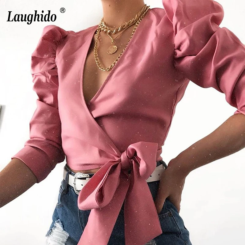 

Laughido Deep V Neck Long Sleeve Blouse Women Bow Tie Casual Retro Tops Shirts Autumn Cardigan Harajuku Exposed Navel Blusa