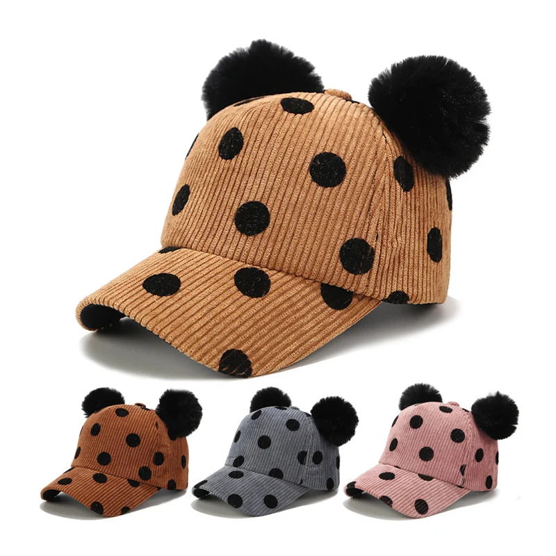 Dots Baby Baseball Hat Toddler Boy Girl Visor Cap Wide Brim Children Pompom Cap Corduroy Warm Fabrics Adjustable Size Infant Hat (1)