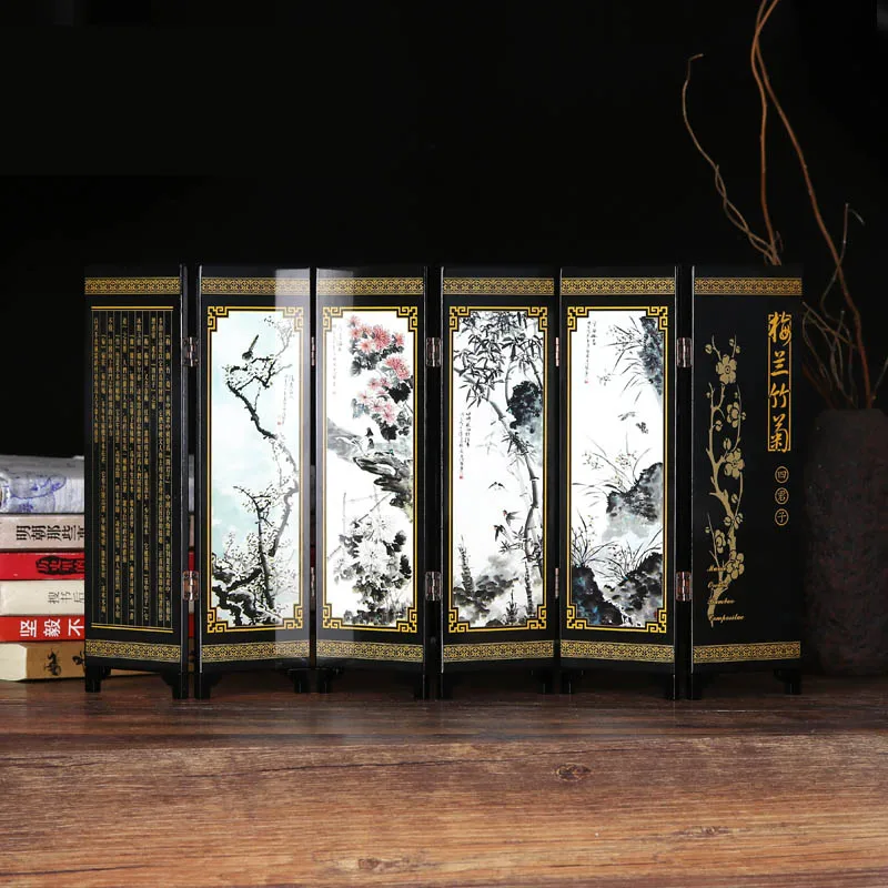 

Folding Screen Table Decoration Chinese Style Ornaments Antique Lacquer Mini Folding Screen Room Dividers Wooden Arts