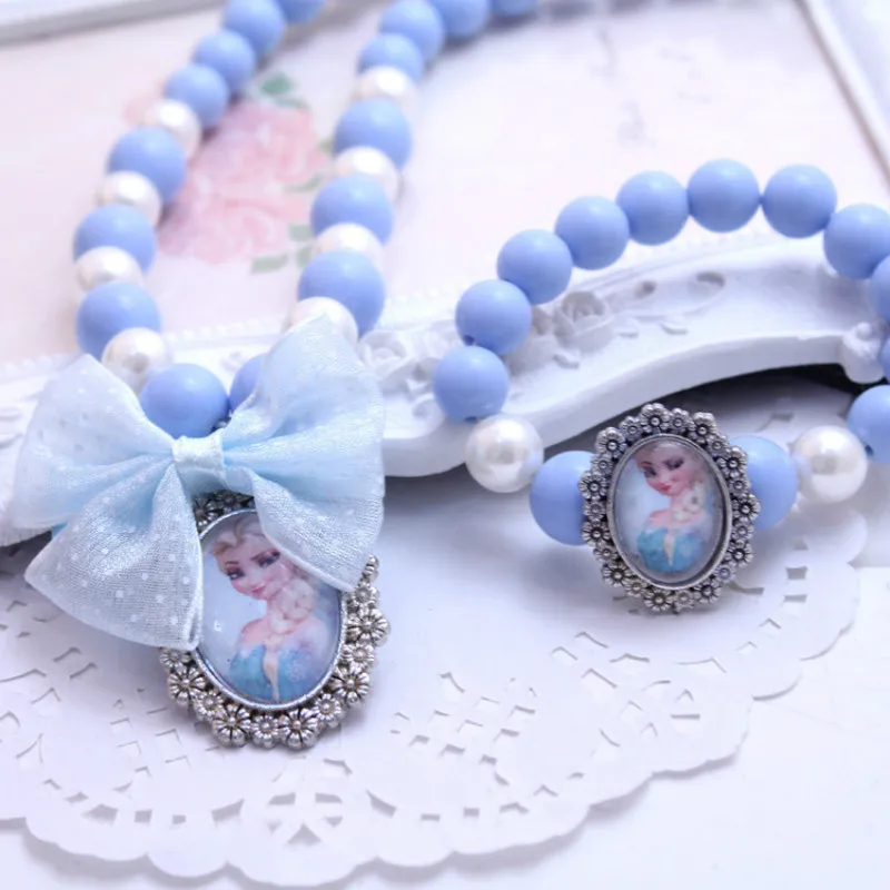 Cute Children Necklace Bracelet Set Frozen Anna Jewelry Bowknot Pendant