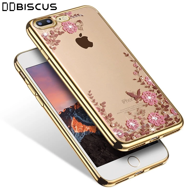 

For iPhone 6 6S 7 8 Plus Case Flower Clear Crystal Bling Glitter For iPhone 5S 5 SE X XR XS 10 Pro Max plating TPU Soft Cover
