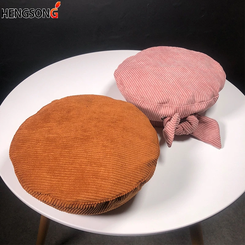 

Hot Women Hats New Arrivals For Women Corduroy Vintage Fashion Winter Hat Flat Top Bowknot Beret Stripes Cap Sombrero Hoed