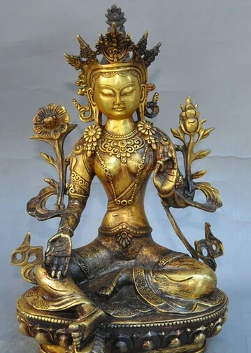 

006424 11" tibet buddhism fane bronze gilt green tara goddess bodhisattva buddha statue