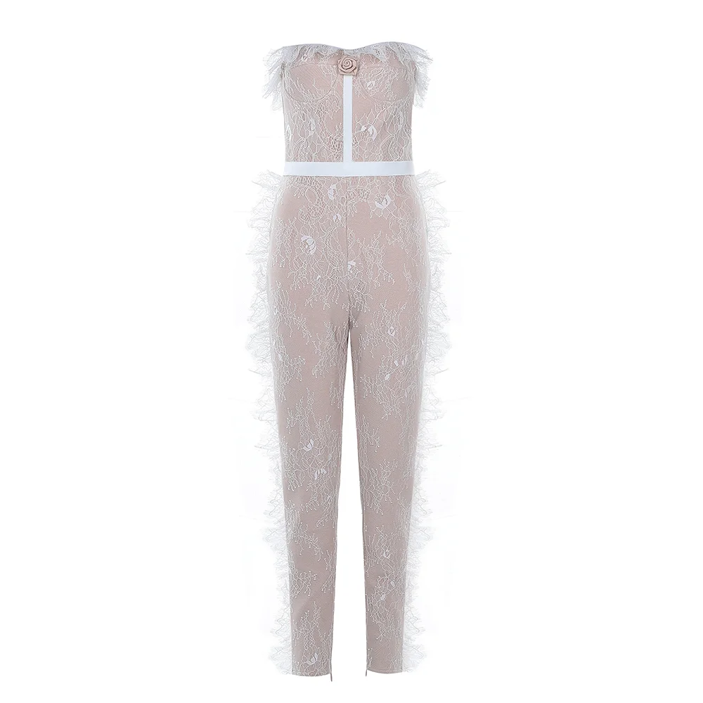 

High Quality White Lace Strapless Rayon Bandage Jumpsuit Evening Party Evening Party Jumpsuit